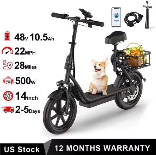 AOVOPRO 14" Electric Bicycle 500W Motor 48V 10.4Ah Battery