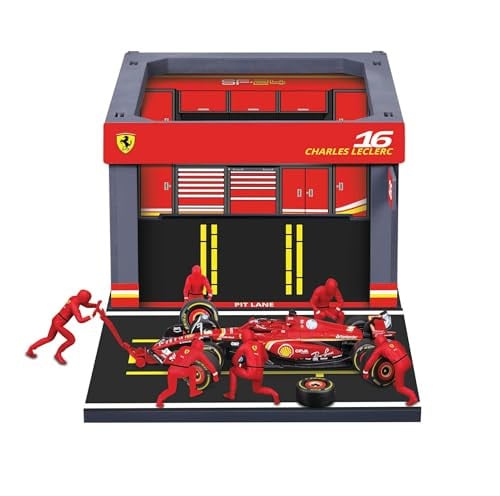 Bburago 1:43 2024 Ferrari SF-24 Pit Pass Diecast w/ 6-Piece Pit Crew & Paddock Garage (Leclerc #16)
