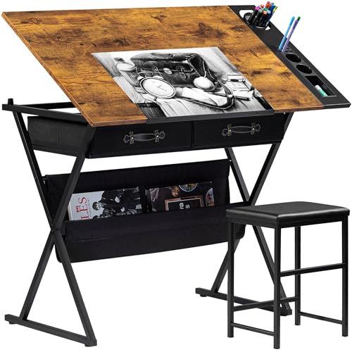 VECELO Drafting Table, Rustic Brown