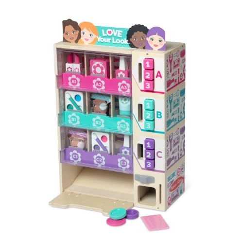 Melissa & Doug Beauty Kiosk Wooden Vending Machine Salon Play Set 24 Pieces