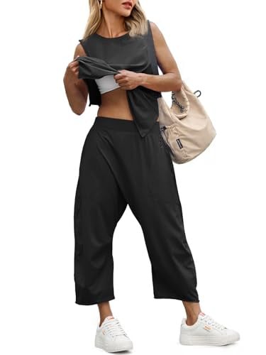 2-Piece Fisoew Women's Workout Sleeveless Tank Top & Wide Leg Pants Set