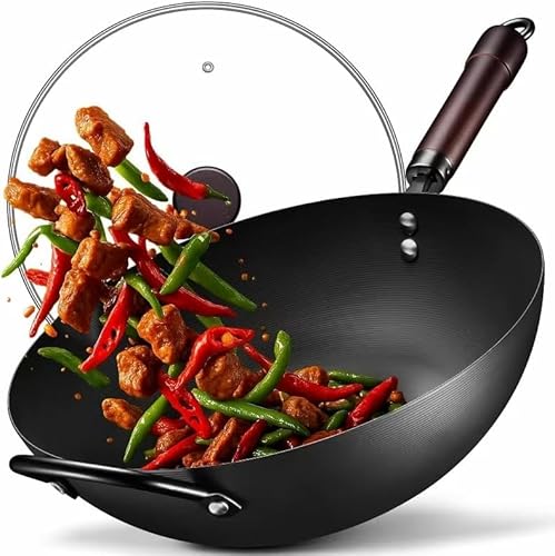 CGJ 13" Flat Bottom Pre-Seasoned Carbon Steel Wok w/ Glass Lid Deal
