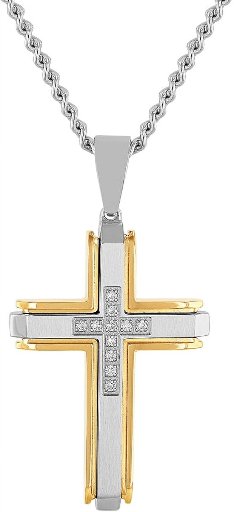 Mens 1/5 Ctw Lab-Grown Diamond Two-Tone Stainless Steel Cross Pendant Necklace