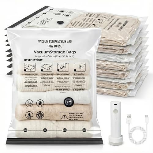 Vacuum Seal Bags for Clothing 9-Pack with Rechargeable Pump