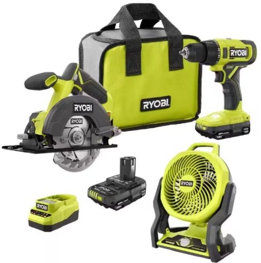 Ryobi ONE+ 18V Cordless 2-Tool Combo Kit with (2) 1.5 Ah Batteries and 7.5" Fan
