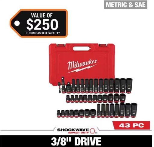Milwaukee SHOCKWAVE 3/8 in. Drive SAE and Metric 6 Point Impact Socket Set 43-Piece