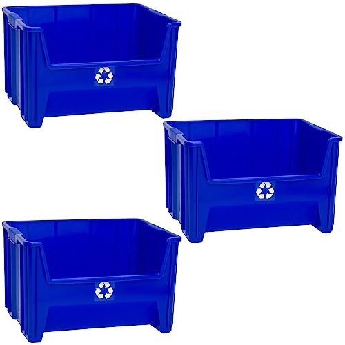 3-Pack 12.5-Gallon ReadySpace Commercial Industrial Heavy Duty Stackable Open-Front Recycling Bin Box Containers (Blue)