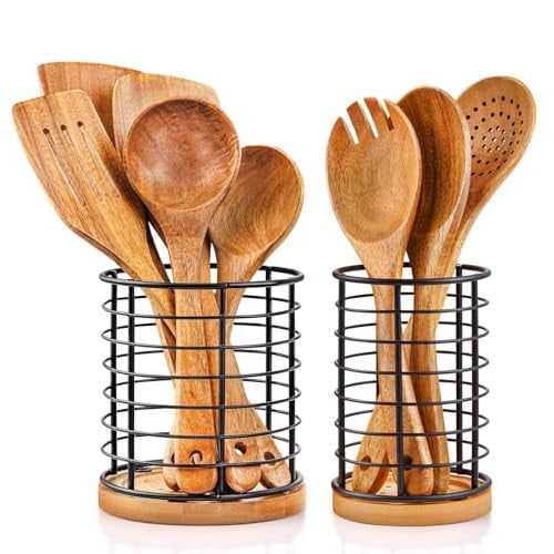 hunnycook Metal Utensil Holder Set w/ Wooden Base (5.1" & 3.7") 2-Pc