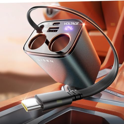 LISEN Dual 12V Car Adapter Splitter w/ 30W PD Retractable USB-C Cable