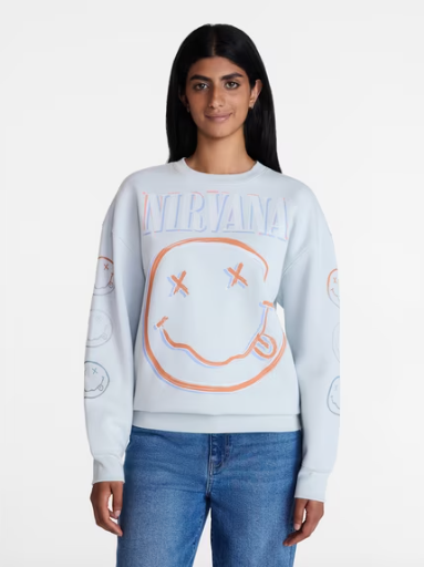 Nirvana Women's Smiley Crewneck Graphic Sweatshirt