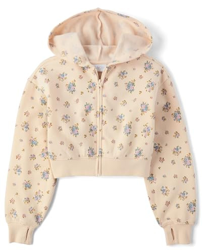 The Children's Place Girls Long Sleeve Printed Fleece Zip-Up Hoodie, Frappe Floral