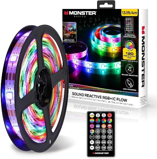 Monster Basics Indoor LED Light Strip, RGBIC Multicolor Flow, 13ft