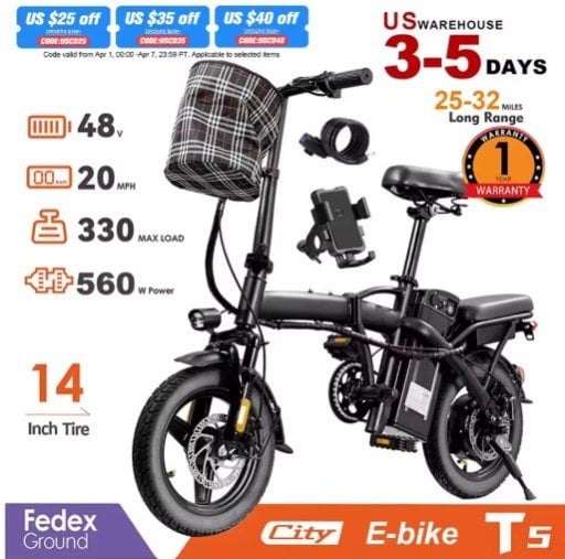 HEZZO T5 Foldable Electric Bike 350W 48V 10.4Ah 20mph 14-in Fat Tire Deal