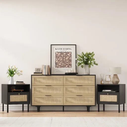 3-Piece Bedroom Set with 51" Rattan 6-Drawer Dresser and 2 Matching Nightstands Deal