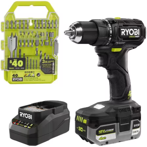 RYOBI ONE+ 30th Anniversary 18V Brushless Compact 1/2" Drill/Driver Kit with 4Ah Battery, Charger & 40-Piece Drill/Impact Drive Kit