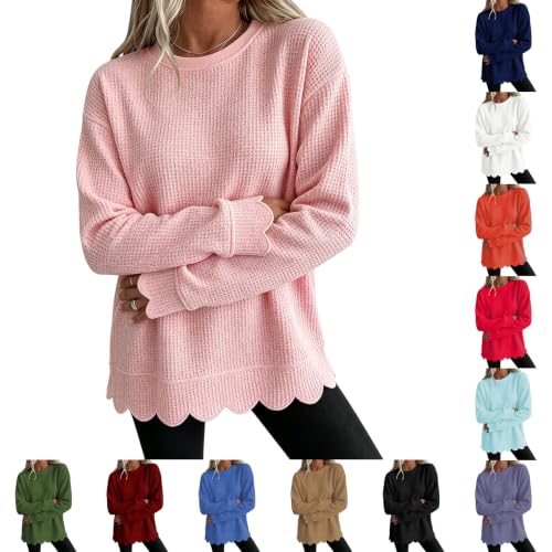 Crewneck Womens Waflle Knit Scalloped Sweatshirts Deal