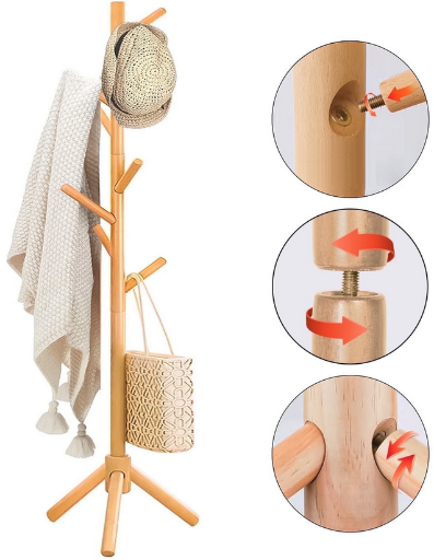 Stusgo Wooden Coat Rack with 8 Hooks & 3 Adjustable Heights