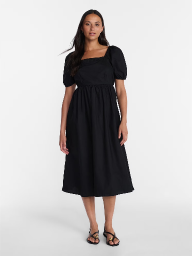 Time & Tru Women's Cotton Back Tie Midi Dress w/ Short Puff Sleeves (Sizes XS-4X, Black) Deal