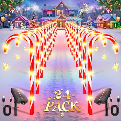 24 Pack Solar Christmas Candy Cane Lights Outdoor Decorations