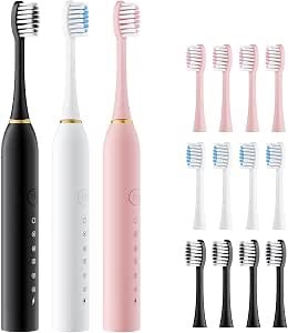 3 Pack Sonic Electric Toothbrush Set, 42000 VPM, 12 Replacement Heads