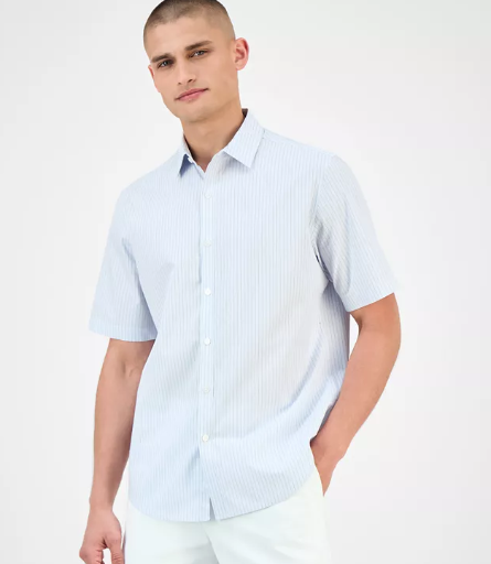 Alfani Men's Pacco Short Sleeve Striped Button-Front Shirt (Blue Eyes, Canterbury)