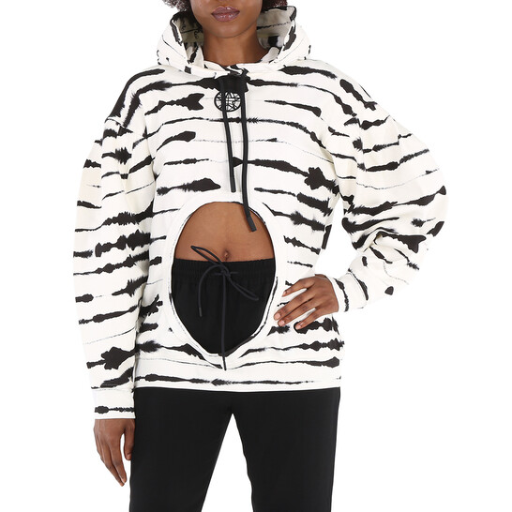 Burberry Ladies Monochrome Cut-out Detail Watercolour Print Cotton Hoodie XX-small