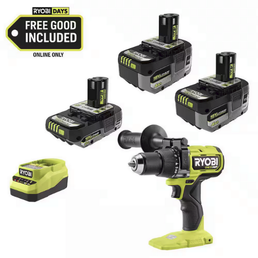 RYOBI ONE+ HP 18V Brushless Cordless 1/2 in. Hammer Drill Kit with (2) 4Ah and (1) 2Ah HIGH PERFORMANCE Batteries