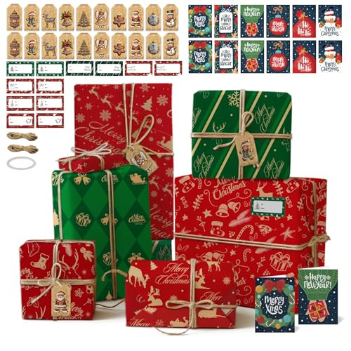 Christmas Wrapping Paper Set, with Gift Tags, Greeting Cards, Twine & Stickers