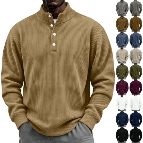 Corduroy Long Sleeve Henley Shirts for Men Deal