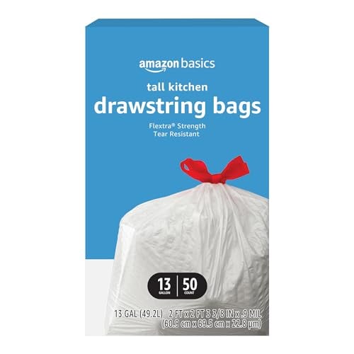 Amazon Basics Flextra Tall Kitchen Drawstring Trash Bags 50-Count 13-Gallon