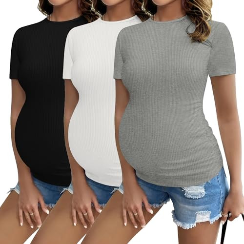 3-Pack Ekouaer Short Sleeve Ribbed Pregnancy Tops