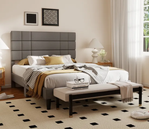 Modern Queen Size Platform Bed Frame with Fabric Upholstered Headboard