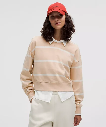 Lululemon Women's Perfectly Oversized Cropped Crew Stripe Sweater (Cafe Au Lait)