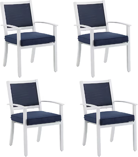 Allen + Roth Chatham Pier Set of 4 Stackable White Aluminum Frame Stationary Dining Chair with Navy Cushioned Seat Deal