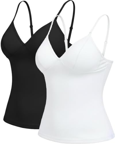  Slim Fit V-Neck Light Tummy Control Camisole Adjustable Spaghetti Strap Built-in Bra Tank Compression Top