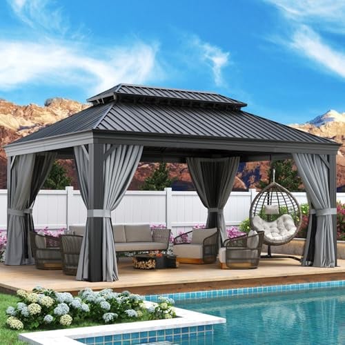Aoxun 12' X 16' Permanent Hardtop Gazebo with Galvanized Steel Double Roof