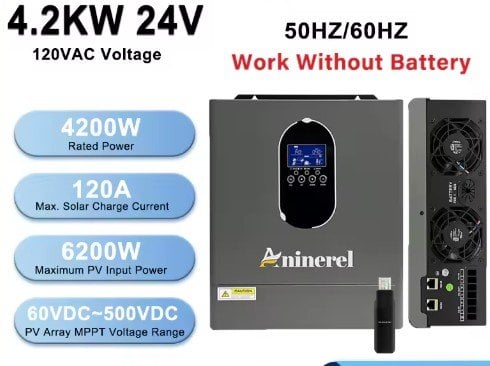 Aninerel 4.2W 120V Hybrid Inverter Off Grid Pure Sine Wave Solar Inverter 24V 120A PV Max 6200W 50Hz/60Hz