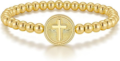 Gold Virgin Mary Beaded Bracelet - 14K Gold Plated Stretch Cross Bracelets