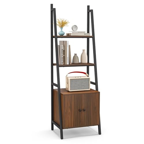 Tangkula 63" 4-Tier Ladder Bookshelf w/ Cabinet & Metal Frame (Rustic Brown)