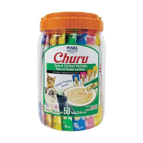 INABA Churu Cat Treats, Lickable, Squeezable Creamy Purée Cat Treat 0.5 Ounces Each Tube, 50 Tubes, Tuna & Chicken Variety Deal