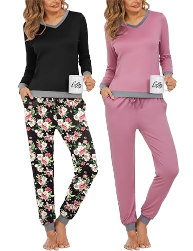 Frcdaunrs 2 Pack Womens Long Sleeve Pajama Sets