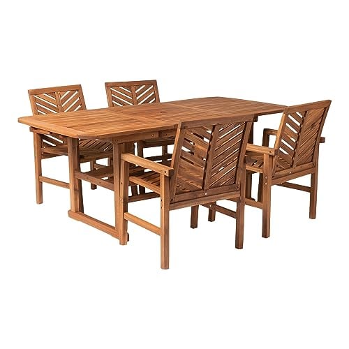 Walker Edison 4-6 Person Outdoor Wood Chevron Back Patio Furniture Dining Set Extendable Table Chairs 5 Piece Deal