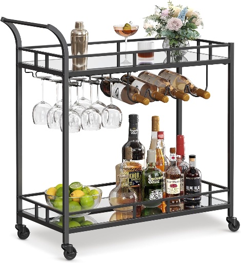 VASAGLE Bar Cart Black with 2 Mirrored Shelves