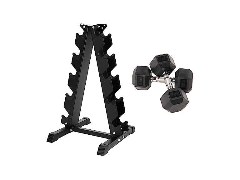 Signature Fitness Fitvids Rubber Encased Hex Dumbbell 25LB Pair with A-Frame Rack