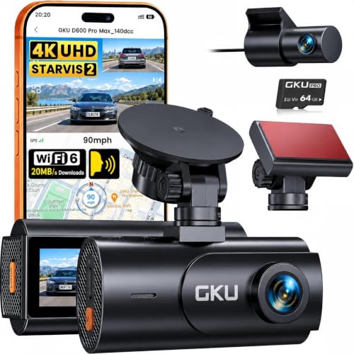 GKU 4K Front & 1080P Rear Dual Dash Cam with 64GB Card