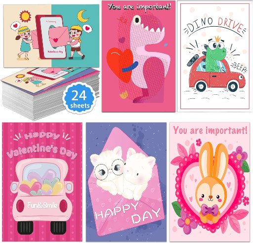 Valentines Day Cards for Kids School, 24 Sheets