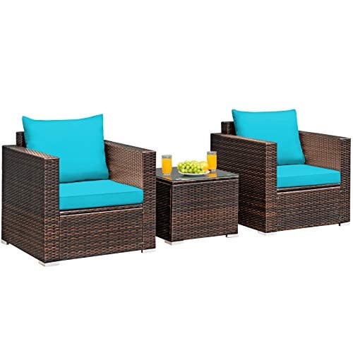 Tangkula 3 PCS Rattan Patio Furniture Set w/Washable Cushion and Tempered Glass Tabletop