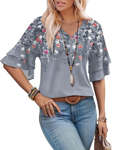 OFEEFAN Boho 3/4 Length Sleeve Blouses 
