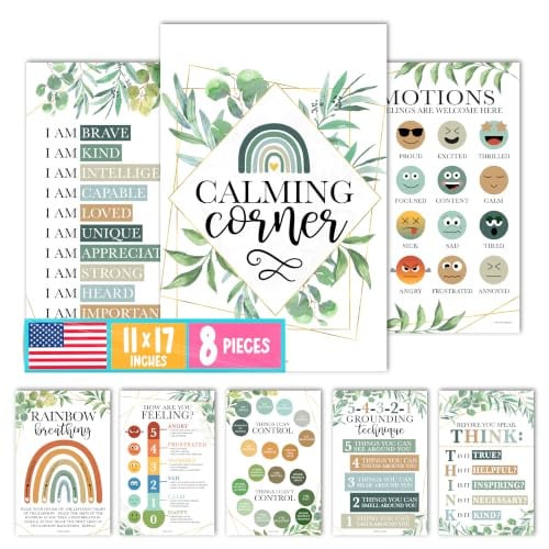 Hadley Designs Calming Corner Posters w/ Emotions Chart (Geo Greenery) 8-Piece 11" x 17"