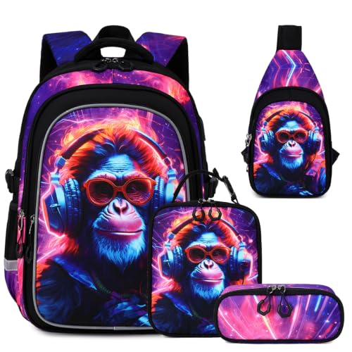 Jafeton 4PCS Gaming Backpack for Boys with Sling Bag & Lunch Box, Gorilla Video Game Theme Deal